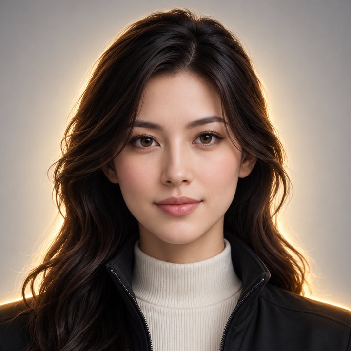 Yuna, with long dark hair, a black jacket and an ivory turtleneck, lit from behind